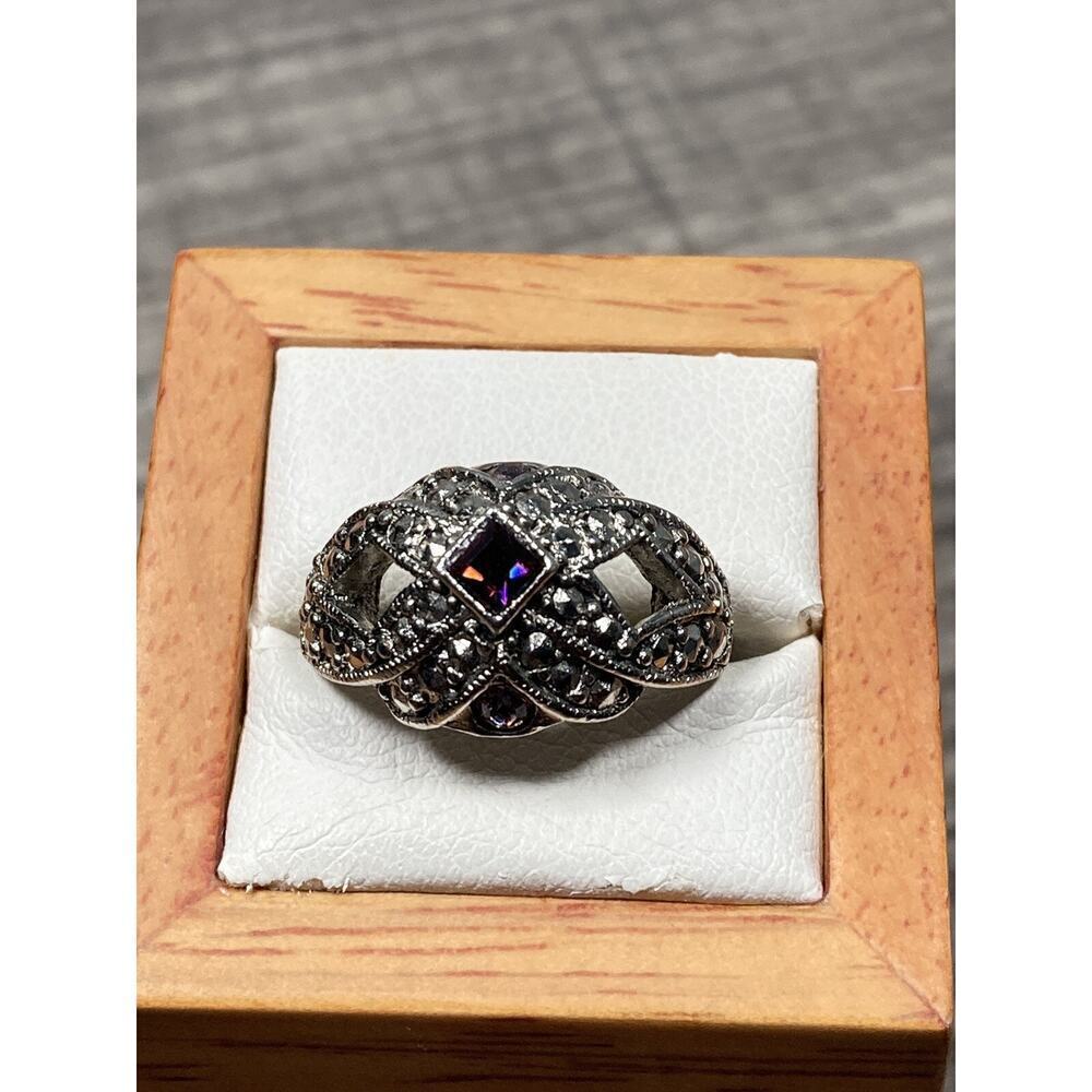 Vintage Avon Victorian Revival Marcasite Silver Tone Cocktail Ring Size 7.75